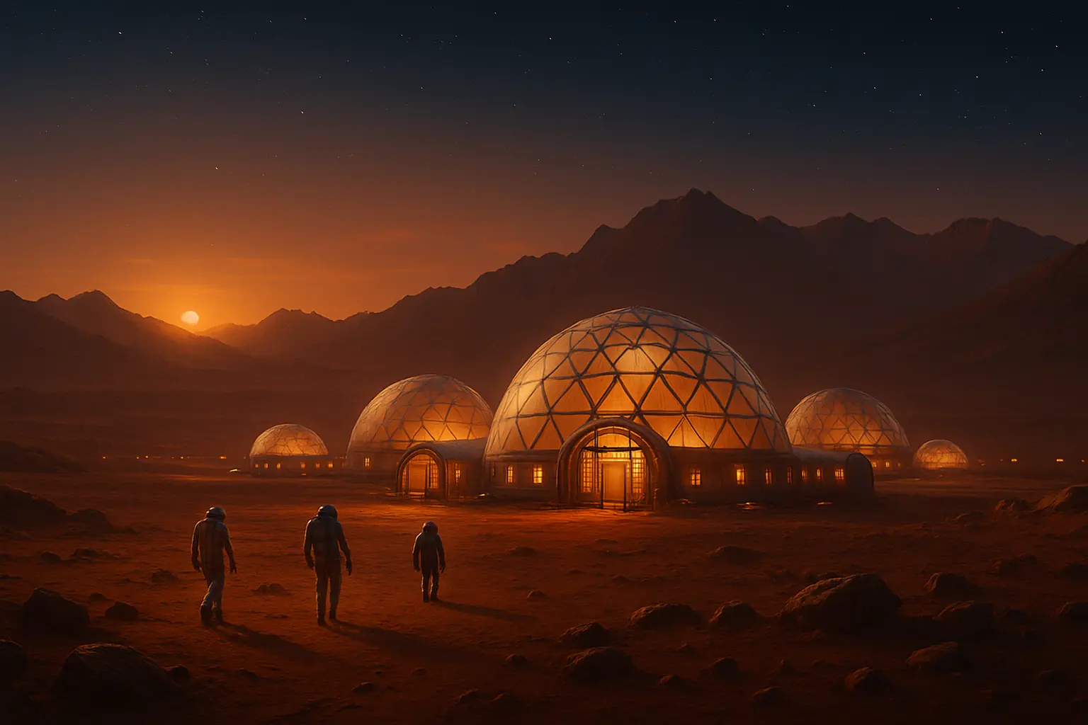 Mars colony at dusk